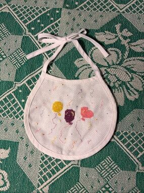 Vintage White Baby Bib with Yellow, Purple & Pink Balloon Embroidery